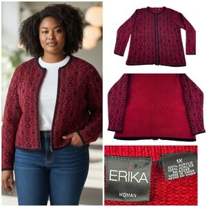 Erika Woman Red Black Geometric Fair Isle Zip Up Cardigan Sweater 1X